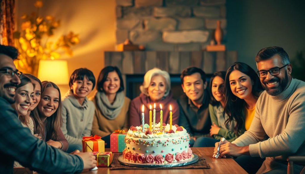 A serene scene of people gathered to celebrate their birthdays, set against a warm, autumnal backdrop. In the foreground, a group of diverse individuals from different ages and backgrounds, their faces aglow with joy and anticipation. In the middle ground, a meticulously designed birthday cake, surrounded by colorful gifts and decorations. The background features a cozy, inviting living room, with soft lighting and a fireplace casting a gentle glow. The overall atmosphere is one of togetherness, happiness, and the cherished tradition of honoring the day of one's birth.