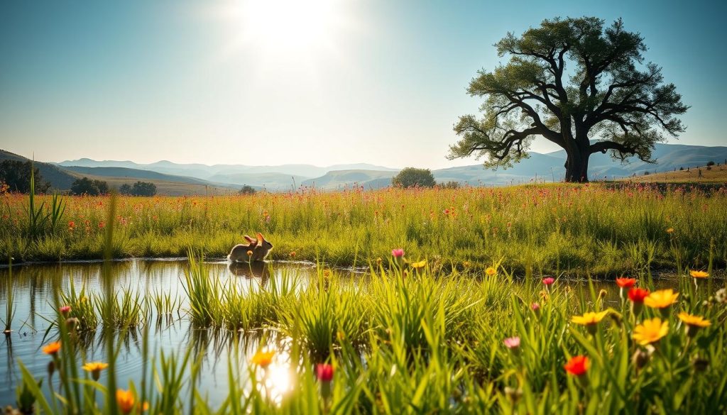 A serene, sun-drenched scene of a peaceful meadow, lush with vibrant wildflowers in bloom. In the foreground, a tranquil pond reflects the azure sky, its surface rippling gently. A gentle breeze rustles the tall, swaying grass, creating a mesmerizing dance of light and shadow. Amidst the flora, a pair of curious rabbits hop playfully, embodying the carefree spirit of new life. In the middle ground, a lone oak tree stands tall, its branches reaching towards the heavens, a symbol of growth and renewal. The background fades into a hazy horizon, with rolling hills and distant mountains bathed in a warm, golden glow. The overall atmosphere is one of harmony, vitality, and the unbridled joy of the present moment.