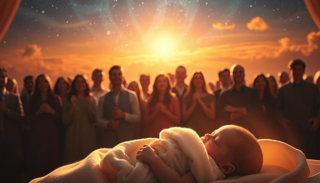 A serene, warm-lit scene depicting the birth of a new day. In the foreground, a newborn baby resting peacefully, swaddled in a soft blanket. Surrounding the child, a halo of gentle light, symbolizing the arrival of a new life. In the middle ground, a group of awestruck people, their faces filled with wonder and joy, celebrating this momentous occasion. The background features a stunning celestial landscape, with stars twinkling in the night sky and wisps of clouds drifting lazily. The overall mood is one of reverence, hope, and the boundless potential of a new beginning.