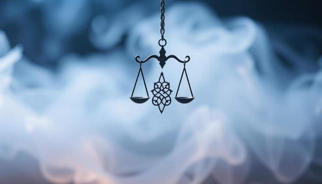 A serene, well-balanced Libra symbol suspended in the center of the frame, surrounded by a soft, ethereal glow. The symbol appears to be crafted from delicate metal or crystal, with intricate geometric patterns that catch the light. In the background, a swirling, mist-like atmosphere in shades of blue, lavender, and silver, creating a sense of tranquility and introspection. Subtle, elegant lighting casts a warm, gentle illumination across the scene, accentuating the symbol's elegant form. The overall composition conveys a sense of harmony, balance, and the insightful, artistic nature of the Libra zodiac sign.