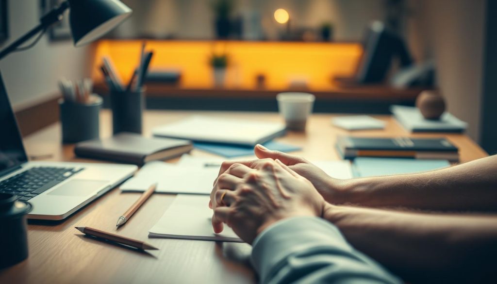 A serene workspace bathed in warm, focused lighting. A desktop littered with organized office supplies - a sharpened pencil, a leather-bound notebook, and a sleek laptop. In the foreground, a pair of hands resting on the desk, fingers poised and ready to put ideas into action. The background blurs softly, drawing the viewer's attention to the moment of quiet concentration. Conveying a sense of clarity, purpose, and the power of focused determination to turn dreams into reality.