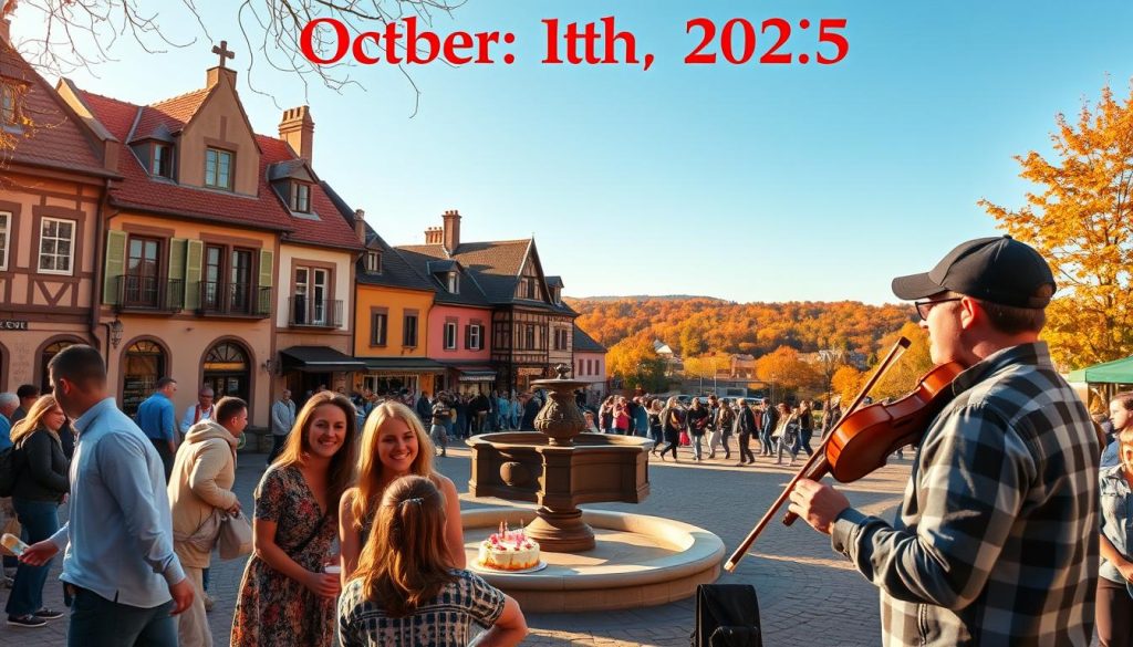 A snapshot on October 10th, 2025: the warm afternoon light casts a golden glow over a quaint town square, with people bustling around historic buildings and a central fountain. In the foreground, a group of friends gather to celebrate a birthday, laughing and sharing a cake. In the middle ground, a street performer plays a lively tune on a violin, drawing a crowd of onlookers. In the background, a picturesque autumn landscape unfolds, with vibrant foliage and a clear blue sky. The scene conveys a sense of community, joy, and the timeless character of this special day.