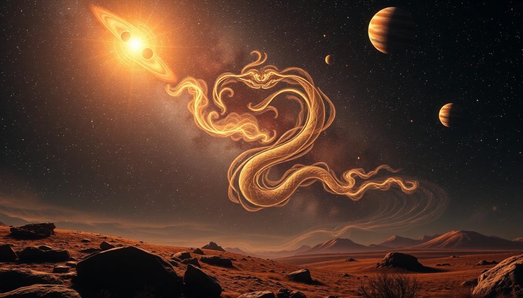 A striking sidereal sign in a celestial landscape, bathed in a mystic glow. In the foreground, intricate celestial symbols and runes float ethereally, hinting at ancient Vedic wisdom. The middle ground depicts a serene snake coiled amidst swirling cosmic energies, embodying the Chinese year of the Snake. The background is a vast, star-filled sky, with planets and nebulae creating a sense of timeless, esoteric wonder. The lighting is soft and atmospheric, evoking a sense of deep contemplation and spiritual insight. Rendered with a cinematic, wide-angle lens to capture the grandeur of the cosmic scene.