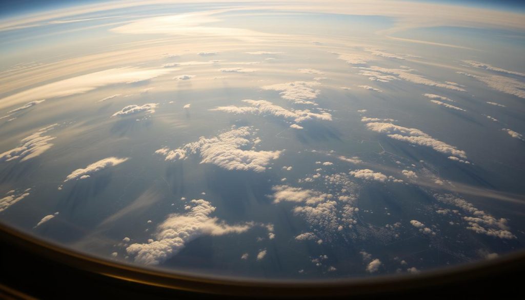 A sweeping aerial view of the Earth, captured with a wide-angle lens from high above. The planet's continents and oceans sprawl out below, illuminated by warm, golden sunlight filtering through wispy clouds. In the foreground, the curved horizon frames the scene, conveying a sense of the world's vastness and curvature. The image exudes a tranquil, contemplative atmosphere, inviting the viewer to ponder the scale and interconnectedness of the global landscape on this particular day in October.