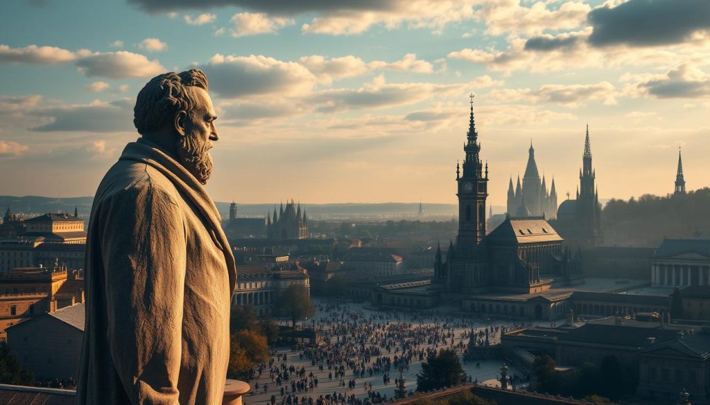 A sweeping panorama of iconic historical moments, captured with cinematic grandeur. In the foreground, a majestic statue of a renowned figure stands tall, its weathered features illuminated by warm, golden light. In the middle ground, a bustling town square teems with life, showcasing the architecture and fashions of a bygone era. In the distance, silhouettes of soaring cathedrals and castles dot the horizon, their spires reaching towards the heavens. The scene is infused with a sense of timelessness, a visual tapestry that encapsulates the triumphs and struggles that have shaped our world. The overall atmosphere is one of reverence and awe, inviting the viewer to contemplate the remarkable events that have unfolded throughout history.