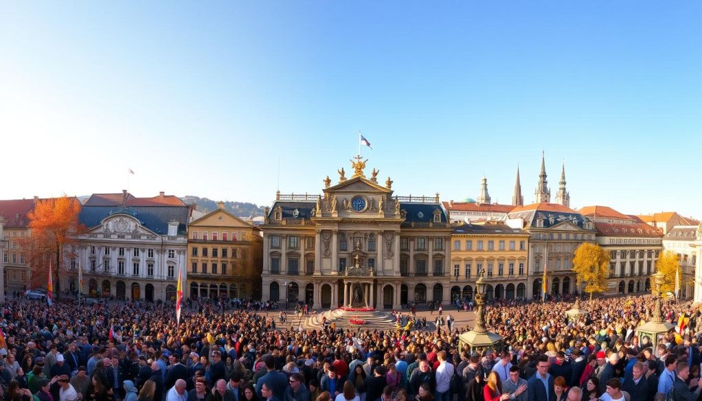 A sweeping panoramic view of a historic town square on October 20th, illuminated by warm autumn sunlight. In the foreground, a bustling crowd gathers to celebrate the day's festivities, with colorful banners and flags waving in the gentle breeze. The middle ground features a grand, ornate building with intricate architectural details, its facade adorned with statues and ornaments. In the background, a picturesque skyline of steeples and domes rises against a clear, azure sky, hinting at the rich history and cultural heritage of the location. The entire scene radiates a sense of timeless, nostalgic charm and commemoration.