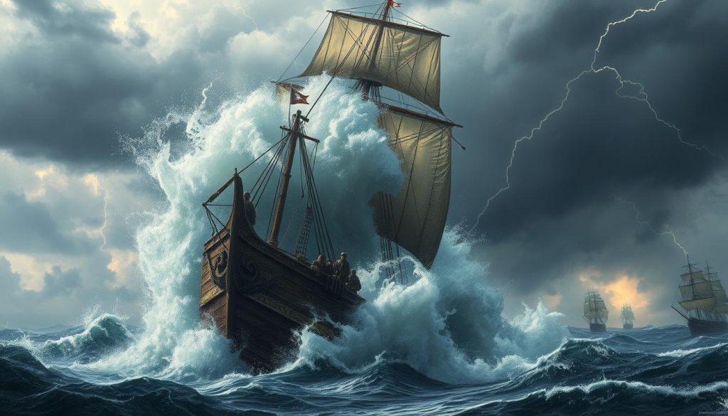 A towering wave crashes against a weathered ship, its hull groaning under the relentless assault of the stormy sea. Sailors cling desperately to the rigging, their faces etched with fear as they battle the unforgiving elements. The sky is a brooding canvas of turbulent grays, illuminated by flashes of lightning that reveal the scale of the impending disaster. In the distance, other vessels struggle to weather the storm, their masts straining against the howling winds. The scene conveys a sense of humankind's fragility in the face of nature's raw power, a poignant reminder of the maritime tragedies that have shaped the course of history.