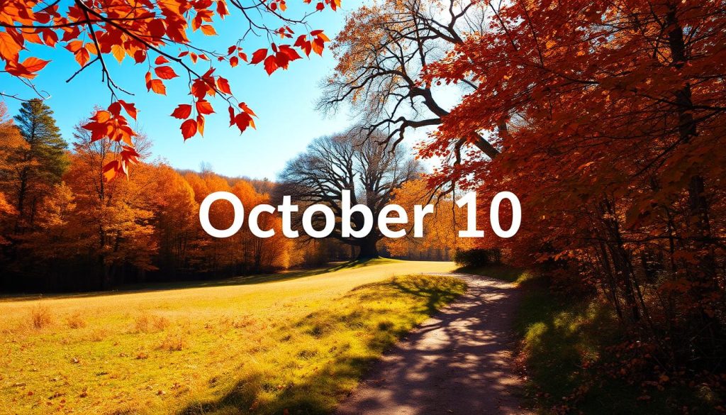 A tranquil autumn scene on October 10th, with a lush, golden-hued forest in the background, and a winding dirt path leading through a meadow in the foreground. Vibrant orange and red leaves flutter gently in the soft breeze, casting dappled shadows on the ground. In the distance, a majestic oak tree stands tall, its branches reaching towards a clear, azure sky. The overall mood is one of peaceful reflection, inviting the viewer to pause and appreciate the changing seasons. Captured with a wide-angle lens, the image showcases the beauty and significance of this particular date in the natural world.