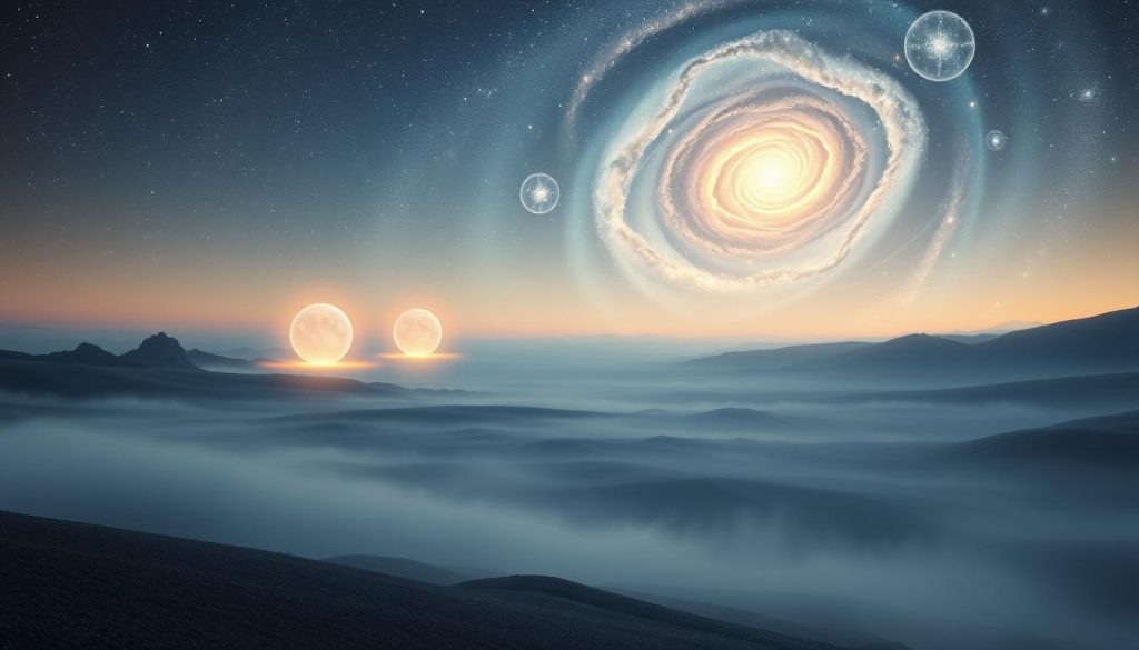 A tranquil cosmic landscape, the celestial energies swirling in harmony. In the foreground, bold astrological symbols representing the key transits - planets in alignment, creating a tapestry of celestial aspects. The middle ground features glowing, ethereal portals, hinting at the transformative potential of these alignments. In the distance, a galaxy unfolds, its spiral arms reaching out, symbolizing the far-reaching influence of these astral forces. Soft, diffused lighting casts a mystical glow, while the composition is balanced and dynamic, drawing the viewer into the heart of this cosmic dance. The overall mood is one of introspection, illumination and a sense of the profound interplay between the heavens and earthly affairs.
