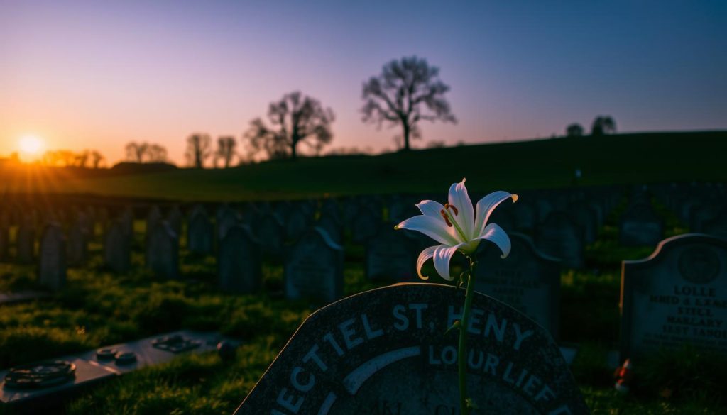 A tranquil gravesite at twilight, the setting sun casting a warm, golden glow. In the foreground, a single white lily rests atop a freshly placed headstone, its petals gently swaying in a light breeze. The middle ground features row upon row of weathered gravestones, their surfaces etched with the names and dates of those who have passed. Beyond, a rolling, verdant landscape fades into the distance, the silhouettes of bare trees standing sentinel against a dusky, violet sky. An atmosphere of solemn reflection and quiet remembrance pervades the scene, inviting the viewer to pause and contemplate the fragility and significance of human lives.