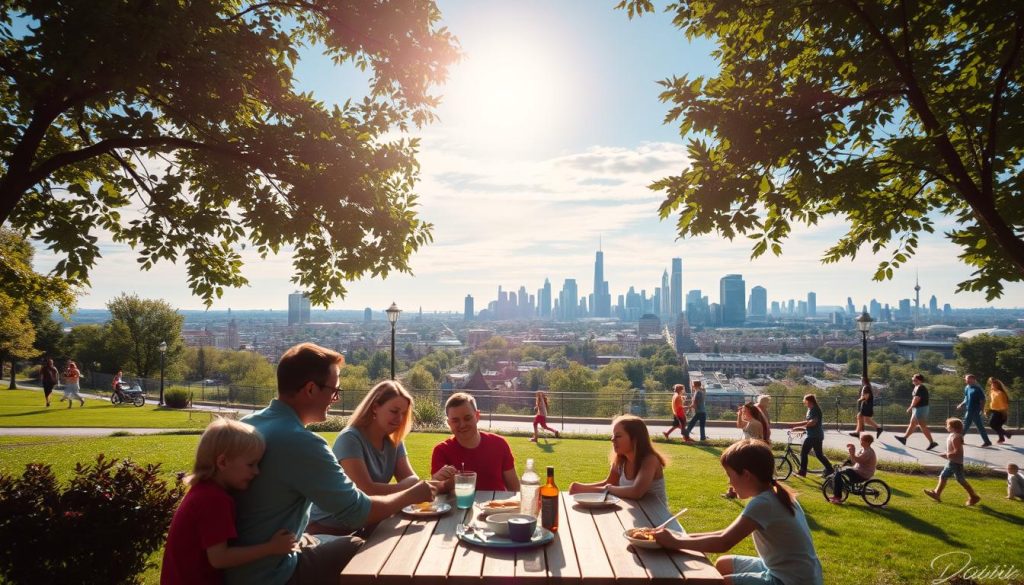 A tranquil scene of everyday life in the United States, captured through the lens of a DSLR camera. In the foreground, a family gathering around a picnic table, enjoying a meal together amidst the verdant backdrop of a park or backyard. The middle ground showcases a diverse community of people engaged in various activities - children playing, seniors strolling, and young adults jogging or cycling. In the background, a vibrant cityscape with skyscrapers, parks, and a clear blue sky overhead, illuminated by the warm glow of the afternoon sun. The overall atmosphere conveys a sense of contentment, togetherness, and the simple pleasures of living in the present moment.