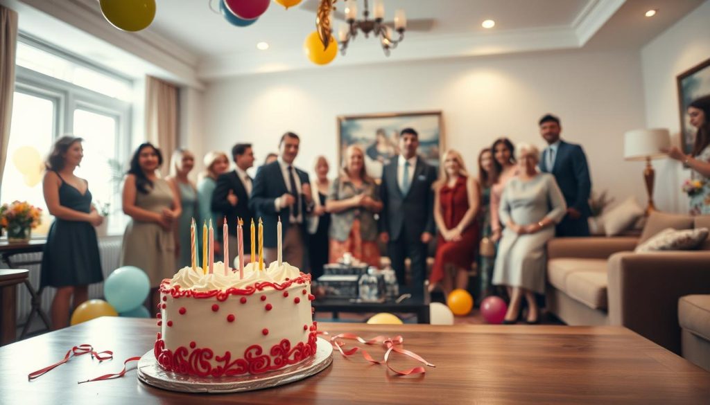 A vibrant and celebratory scene of a notable birthday celebration. In the foreground, an elegantly decorated birthday cake sits atop a polished wooden table, surrounded by a scattering of colorful balloons and streamers. The middle ground features a group of smartly dressed guests gathered around, their expressions filled with joy and anticipation as they eagerly await the birthday honoree's arrival. In the background, a warm and inviting living room setting, with plush furniture and carefully curated decor, creates a cozy and festive atmosphere. Soft, diffused lighting from a mix of natural and artificial sources casts a gentle glow over the entire scene, lending an air of timeless elegance and significance to the moment. The overall composition evokes a sense of momentous occasion and cherished tradition.