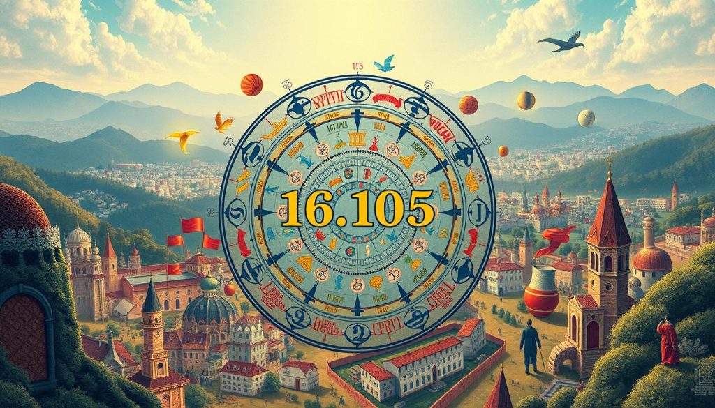 A vibrant and detailed illustration depicting the events and personalities of the day, 16.10.2025. In the foreground, a central circular design showcases the astrological symbols and horoscopes for the day, surrounded by a flurry of numeric data and statistics representing the "today people" - their births, anniversaries, and notable achievements. In the middle ground, a collage of historical figures and events relevant to the date is arranged in a dynamic, layered composition. The background features a panoramic, richly textured scene evoking the timeless nature of the subject, with soft, natural lighting casting a contemplative mood over the entire image.