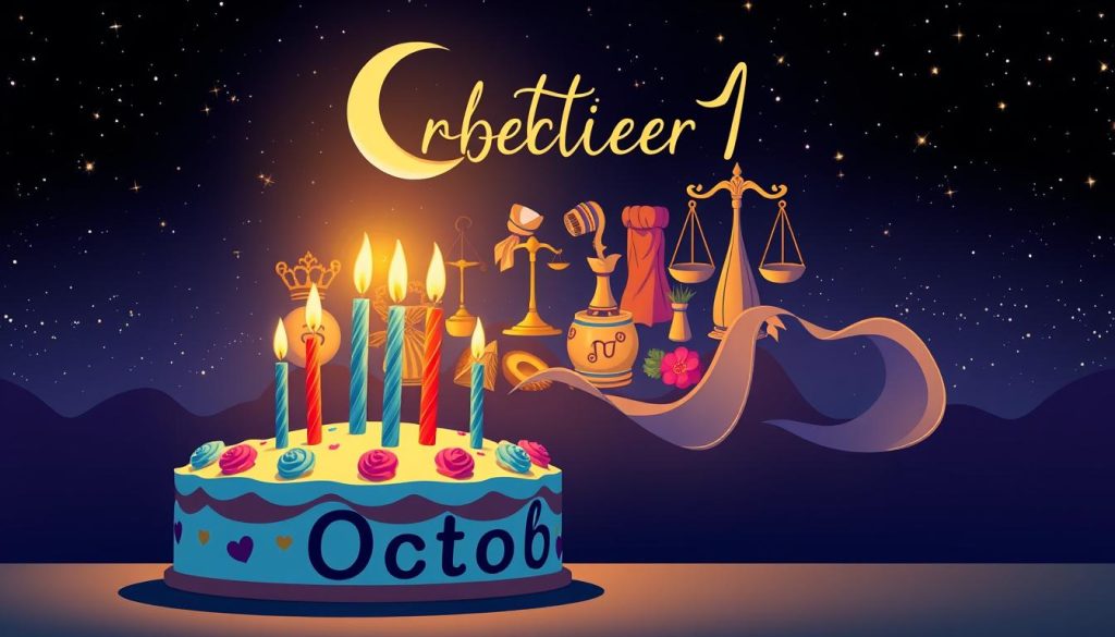 A vibrant and festive scene depicting October 11 as a special day. In the foreground, a stylized birthday cake adorned with candles and decorations, casting a warm glow. In the middle ground, a group of Libra-themed icons and symbols, such as scales, air signs, and flowing fabrics, arranged harmoniously. The background features a starry night sky, with a crescent moon and twinkling stars, suggesting the astrological significance of the date. The overall atmosphere is celebratory, captivating, and reflective of the notable birthdays and Libra traits associated with this date.