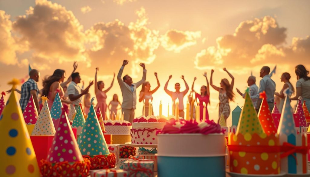 A vibrant and festive scene of birthday opportunities on a sunny day. In the foreground, a colorful array of birthday cakes, party hats, and gift boxes are arranged artfully. In the middle ground, people of all ages are engaged in joyful celebration, dancing, and blowing out candles. The background features a warm, golden-hued sky with fluffy clouds, setting the mood for a day of special occasions and milestones. The lighting is soft and natural, accentuating the celebratory atmosphere. The overall composition is balanced and visually appealing, capturing the excitement and potential of birthdays.