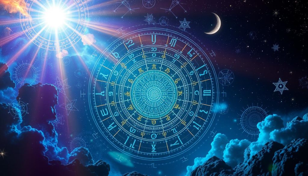 A vibrant and mystical astrological composition depicting the twelve zodiac signs. In the foreground, the celestial symbols of the zodiac circle a central horoscope wheel, its segments radiating with intricate astrological glyphs and cosmic energy. The middle ground features intricate star patterns, nebulae, and orbiting planetary bodies, creating a mesmerizing, otherworldly atmosphere. In the background, a deep indigo sky is illuminated by a crescent moon and twinkling stars, evoking a sense of ancient wisdom and the mysteries of the cosmos. Dramatic lighting casts dramatic shadows, adding depth and drama to the scene. Rendered in a photorealistic, fantastical style that captures the mystique of astrology.