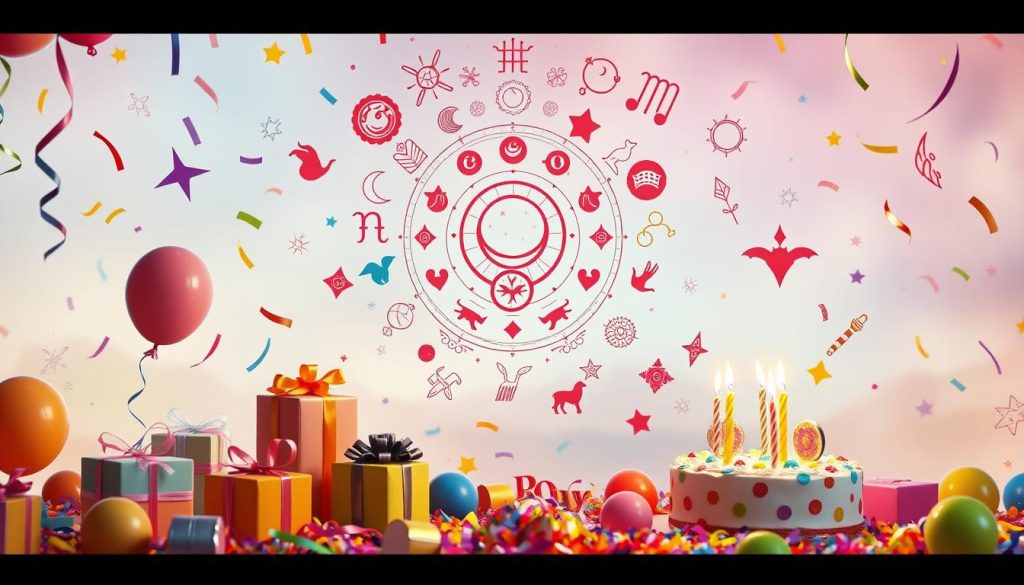 A vibrant and whimsical birthday celebration, with a colorful array of party decorations and symbolic elements floating against a soft, dreamlike background. In the foreground, an assortment of birthday-themed objects like balloons, gift boxes, confetti, and a birthday cake with lit candles, all illuminated by warm, diffused lighting. The middle ground features a celestial array of astrological symbols, zodiac signs, and mystical motifs, hinting at the horoscopic nature of the occasion. The background is a hazy, pastel-hued landscape with a sense of timelessness, evoking the enduring legacy of those born on this special day.