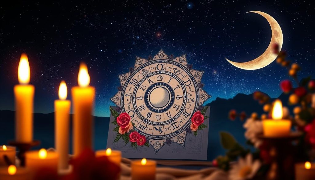 A vibrant astrological composition depicting the observances of October 12th. In the foreground, a mystical horoscope wheel with celestial symbols and planetary icons, illuminated by warm candlelight. The middle ground features a hand-drawn zodiac circle, complemented by floral arrangements and intricate mandalas. In the background, a starry night sky with crescent moon, casting a ethereal glow over the scene. The overall mood is one of reverence, introspection and cosmic wonder, captured through a cinematic, depth-of-field lens.