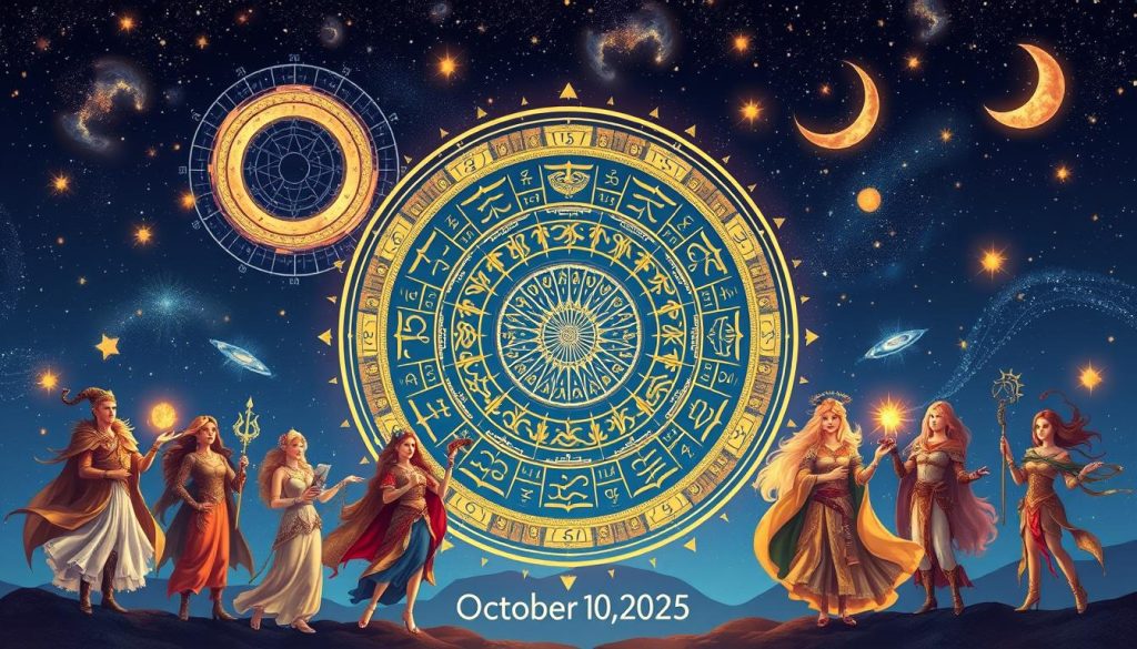 A vibrant astrological illustration depicting the horoscopes for the day of October 10, 2025. In the center, a detailed zodiac wheel with intricate symbols for each sign, surrounded by ethereal cosmic elements - swirling nebulae, twinkling stars, and crescent moons. Each zodiac sign is represented by a personified figure in the foreground, dressed in ornate, celestial-inspired attire and posing with symbolic props. The figures are bathed in a warm, golden light, creating an air of mysticism and divination. The background is a serene, indigo-hued night sky, evoking a sense of wonder and the mysteries of the universe. The overall composition is balanced, dynamic, and visually compelling, perfectly capturing the essence of daily horoscope insights.