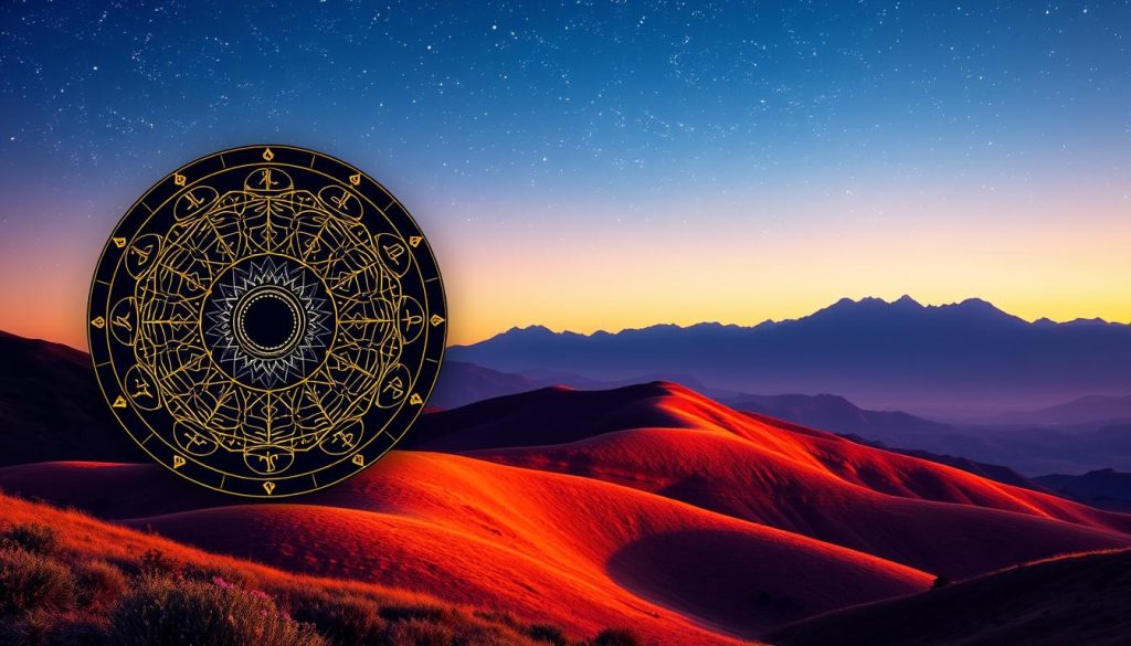 A vibrant, astrological landscape depicting the year ahead. In the foreground, a mystical, zodiac-inspired mandala with intricate celestial motifs floats against a starry, twilight sky. The middle ground features a rolling, hilly terrain illuminated by a warm, golden light, hinting at the potential for personal growth and transformation in the coming year. In the background, a majestic mountain range is silhouetted, symbolizing the challenges and opportunities that await. The overall atmosphere is one of contemplation, wonder, and a sense of hopeful anticipation for the future.
