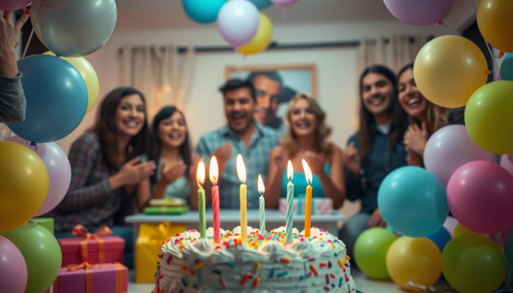 A vibrant birthday celebration, captured in a warm and festive scene. In the foreground, a beautifully decorated birthday cake with flickering candles, surrounded by colorful presents and a cascade of balloons in a variety of pastel hues. The middle ground features a group of joyful friends and family gathered around the table, their expressions filled with delight as they sing "Happy Birthday." The background is a cozy, intimate interior, with soft, diffused lighting creating a cozy, inviting atmosphere. The overall mood is one of celebration, togetherness, and the simple pleasures of marking a special day.