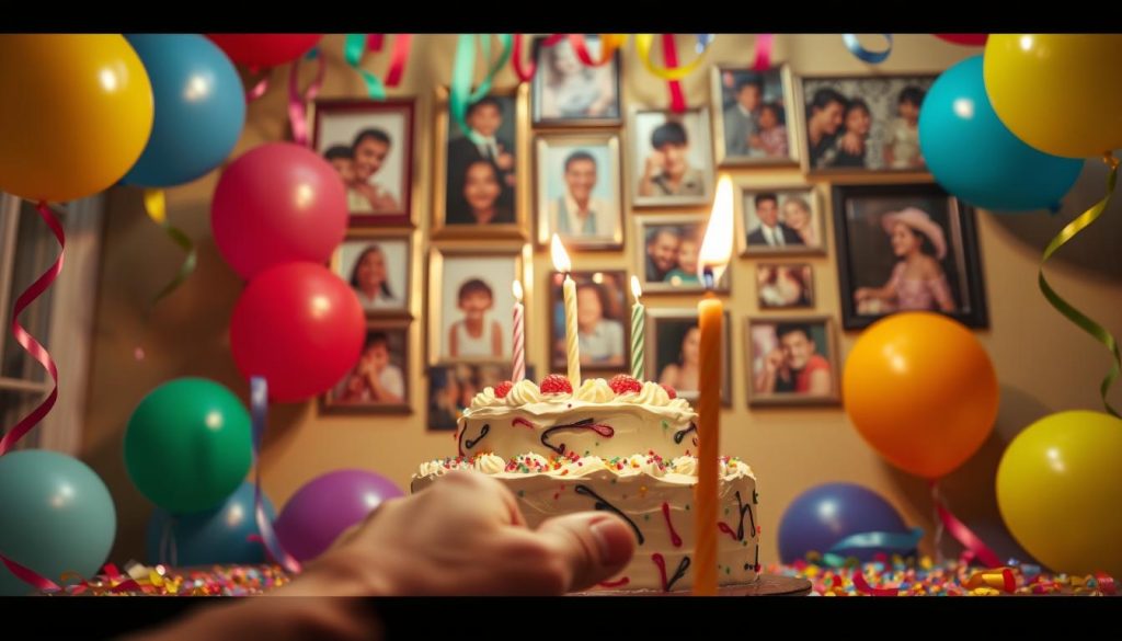 A vibrant birthday celebration scene with a delightful cake taking center stage, surrounded by colorful balloons, ribbons, and confetti in a warm, inviting indoor setting. The lighting is soft and ambient, casting a cozy glow over the festivities. In the foreground, a hand reaches out with a single lit candle, ready to make a wish. In the background, a collage of framed photographs of the birthday honoree throughout their life, capturing cherished moments and milestones. The overall mood is one of joy, nostalgia, and the excitement of marking another year.