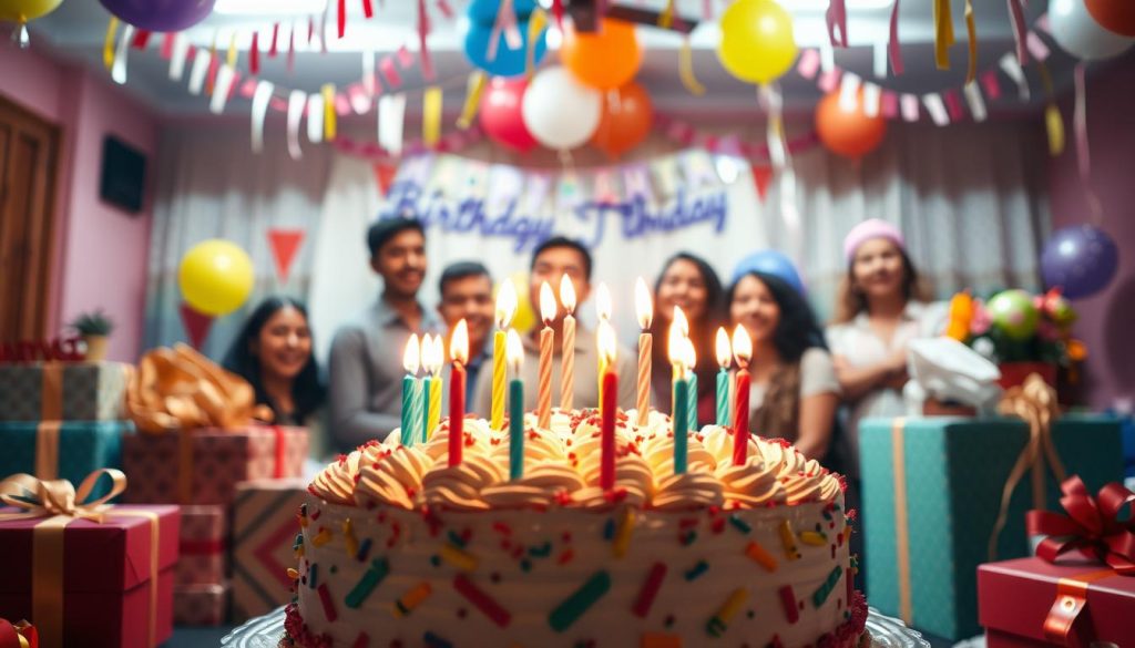 A vibrant birthday celebration scene with a large birthday cake in the foreground, adorned with glowing candles and a colorful assortment of presents surrounding it. In the middle ground, a group of people gathered around the table, their faces filled with joy and excitement as they sing "Happy Birthday." In the background, a festive party setting with streamers, balloons, and a warm, inviting atmosphere created by soft, diffused lighting. The overall mood is one of celebration, togetherness, and cherishing the special occasion of a notable birthday.