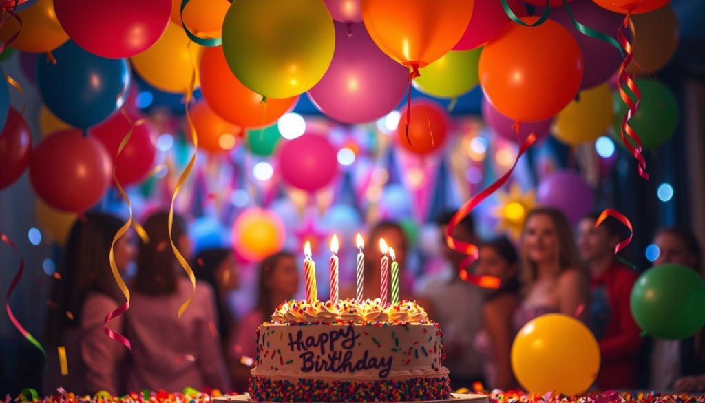 A vibrant birthday celebration with a central birthday cake surrounded by an array of colorful balloons, streamers, and confetti. The scene is bathed in a warm, ambient lighting that casts a soft, festive glow. In the foreground, the cake is adorned with lit candles and topped with a celebratory topper. Floating above are clusters of helium-filled balloons in a variety of bright, primary colors. The background features a blurred, out-of-focus scene of party guests, adding to the lively, celebratory atmosphere. The overall composition is balanced and visually striking, capturing the essence of a joyous birthday gathering.