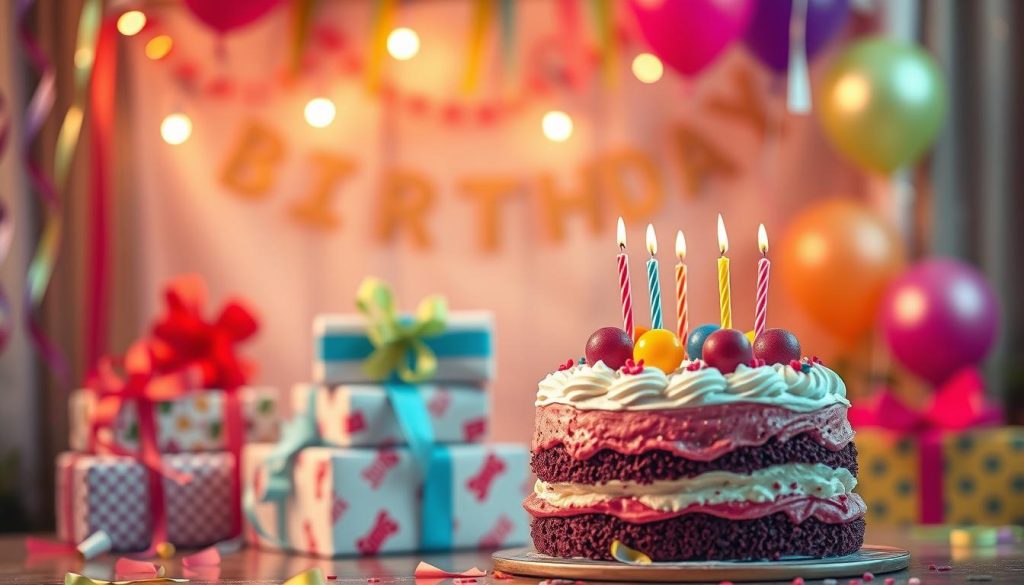 A vibrant, birthday-themed scene with a beautiful birthday cake as the focal point. The cake is adorned with colorful candles, frosting, and decorations, set against a warm, festive background. The lighting is soft and inviting, with a touch of golden hour glow, creating a cozy and celebratory atmosphere. In the middle ground, a stack of wrapped gifts in various sizes and colors adds to the celebratory mood. The background features a blurred, party-inspired setting, with hints of streamers, balloons, and other festive elements, all coming together to create a visually striking and joyful image that perfectly captures the essence of a notable birthday.