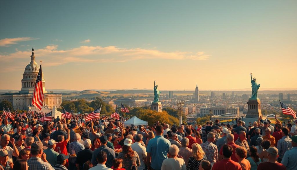 A vibrant celebration of American observances unfolds in a dynamic scene. In the foreground, a diverse group of people gathers, each engaged in various traditions and festivities - waving flags, sharing meals, and participating in lively parades. The middle ground showcases iconic landmarks, from the stately Capitol building to the welcoming Statue of Liberty, bathed in warm, golden light. In the background, a panoramic vista of the American landscape - rolling hills, bustling cities, and vast, open spaces - all united in the spirit of commemoration. The composition captures the inclusive, joyful, and patriotic atmosphere of the United States' observances, inviting the viewer to immerse themselves in this richly textured, vibrant celebration of national unity and identity.