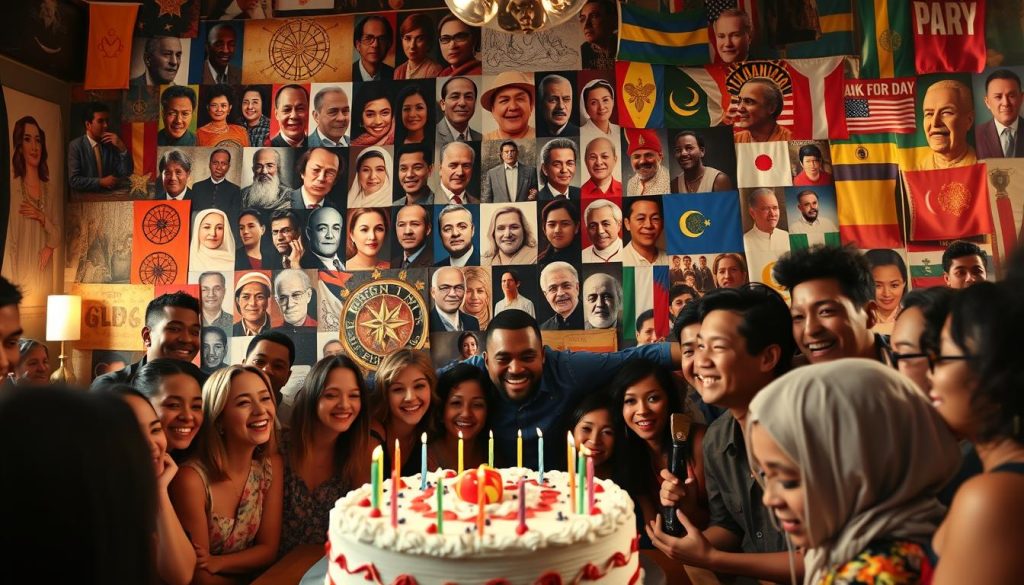 A vibrant celebration of notable birthdays and cultural milestones. In the foreground, a diverse group of people gathered around a large birthday cake, laughter and joy filling the scene. The middle ground features a collage of portraits, showcasing the faces of influential individuals born on this day throughout history. In the background, a tapestry of symbolic imagery, from astrological signs to national flags, creating a rich, textured atmosphere. The lighting is warm and inviting, casting a soft glow over the entire composition. Captured with a wide-angle lens to encompass the breadth of this momentous occasion, the image exudes a sense of inclusivity and reverence for the diverse tapestry of human achievement.