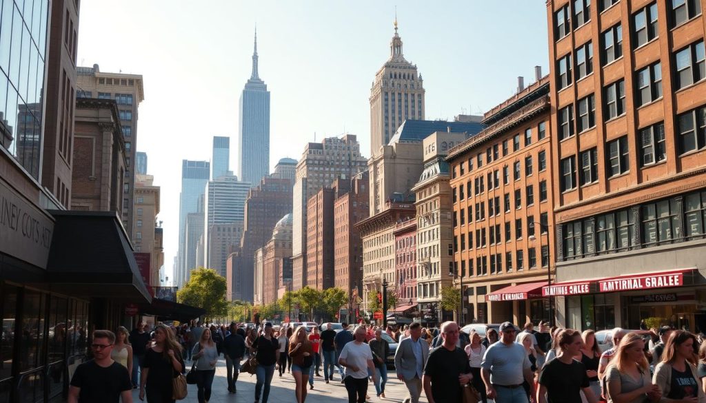 A vibrant cityscape bathed in the warm glow of the afternoon sun, capturing the bustling energy of a quintessential American day. In the foreground, people stroll along the sidewalks, engaged in their daily routines - grabbing a coffee, window shopping, or chatting with friends. The middle ground is dominated by a mix of modern high-rises and historic buildings, their architectural styles reflecting the dynamic nature of the United States. In the distance, the skyline is punctuated by the iconic silhouettes of famous landmarks, hinting at the rich cultural and historical significance of this setting. The overall scene conveys a sense of productivity, optimism, and the unique blend of tradition and progress that defines the contemporary American experience.