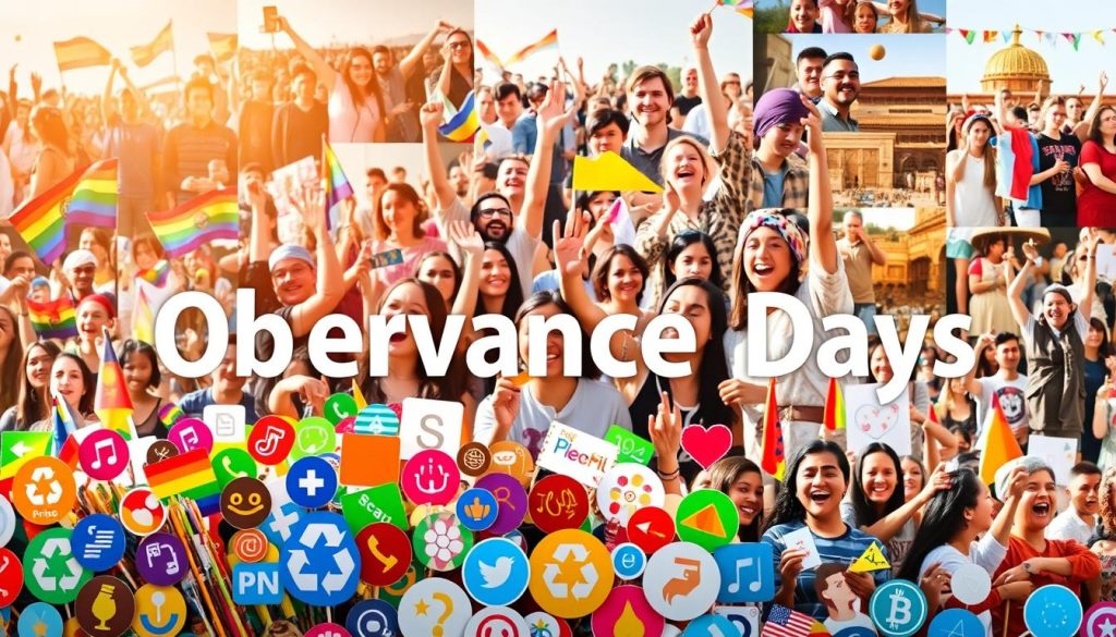 A vibrant collage of observances days, capturing the diversity and significance of cultural celebrations. In the foreground, a kaleidoscope of colorful iconography representing various awareness days, such as Pride flags, recycling symbols, and health-related emblems. The middle ground features a dynamic arrangement of people from diverse backgrounds engaged in joyful festivities, their expressions conveying a sense of unity and community. The background subtly blends images of traditional and modern observances, creating a harmonious visual tapestry that celebrates the richness of human traditions. Warm, natural lighting casts a celebratory glow, while a wide-angle lens captures the breadth and inclusivity of these special days.