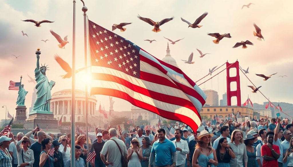 A vibrant collage of quintessential U.S. observances and cultural icons, captured in a dynamic, photojournalistic style. In the foreground, the American flag waves proudly, its bold stripes and shining stars casting a warm glow. Surrounding it, a tapestry of symbolic elements: the Statue of Liberty, soaring bald eagles, and iconic landmarks like the White House and the Golden Gate Bridge. In the middle ground, a diverse array of people, representing the inclusive spirit of the nation, engaged in celebratory activities - parades, barbecues, and lively gatherings. The background is a kaleidoscope of colors, reflecting the cultural diversity and vibrancy of the United States. Soft, diffused lighting creates a sense of timelessness, while a cinematic angle and composition lend a sense of grandeur and national pride.