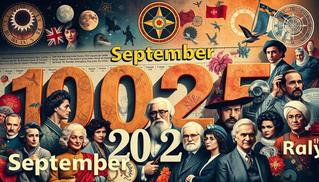 A vibrant collage showcasing the highlights of September 10th, 2025: a historical timeline in the background, interspersed with portraits of notable figures born on this day, surrounded by astrological symbols and horoscope motifs. The composition is balanced, with a dynamic interplay of colors, textures, and graphic elements. The lighting is soft and atmospheric, lending a sense of timelessness to the scene. The overall mood is one of celebration and curiosity, inviting the viewer to explore the significant events and personalities that make this day unique in the annals of history.