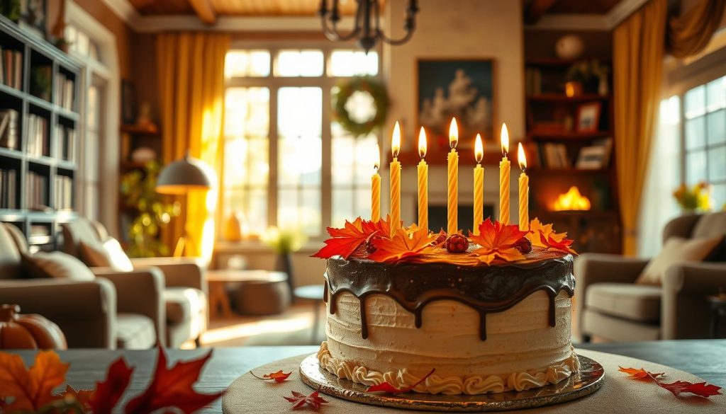 A vibrant October scene with a focal point of an elegant birthday cake adorned with candles and autumn foliage. In the background, a cozy living room setting with plush armchairs, bookshelves, and a warm fireplace glow. Natural sunlight filters through large windows, casting a soft, golden hue over the scene. The overall atmosphere evokes a sense of comfort, celebration, and the charming ambiance of an autumnal birthday.