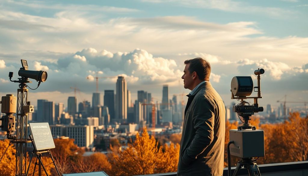 A vibrant, panoramic scene depicting the concept of "forecast" on an autumn day. In the foreground, a meteorologist stands before an array of weather monitoring equipment, their expression focused as they analyze incoming data. The middle ground features a bustling city skyline, with towering skyscrapers and cranes poised to construct new buildings. In the background, dramatic cloud formations stretch across the sky, hinting at a changing weather pattern. Warm, golden lighting illuminates the scene, creating a sense of anticipation and the promise of what's to come. The image conveys the idea of preparing for the future, with the meteorologist's work central to understanding and predicting the weather.