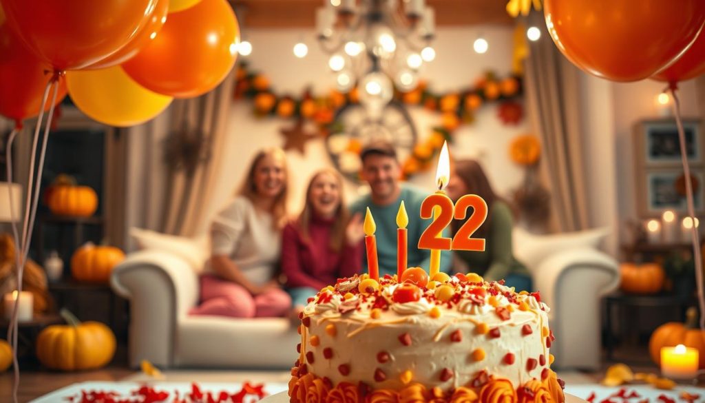 A visually striking scene depicting the October 22 birthday celebration. In the foreground, a whimsical birthday cake with vibrant orange, yellow, and red decorations, surrounded by an array of festive balloons in autumnal shades. In the middle ground, a group of lively individuals gathered to honor the occasion, their faces aglow with joy and laughter. The background features a cozy, warm-toned interior, perhaps a living room or dining area, adorned with fall-inspired decor such as pumpkins, leaves, and candlelight. The lighting is soft and inviting, casting a gentle, celebratory ambiance over the entire scene. A sense of comfort, togetherness, and the unique charm of an October 22 birthday party radiates throughout the image.