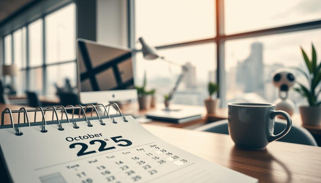 A vivid snapshot of October 22, 2025, captured through the lens of a high-resolution camera. In the foreground, a detailed calendar page with the date prominently displayed, complemented by a sleek metallic desk organizer and a cozy mug of freshly brewed coffee. The middle ground features a neatly organized workspace, with a modern computer monitor, a stylish desk lamp, and a few potted plants adding a touch of natural elegance. The background evokes a warm, welcoming atmosphere, with soft, diffused lighting filtering through large, airy windows overlooking a bustling cityscape. The overall composition conveys a sense of productivity, organization, and the anticipation of the day's events.