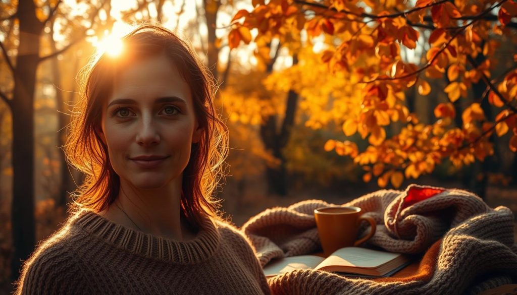 A warm autumn day, with soft golden light filtering through the trees. In the foreground, a person embodying the October 29 birthday personality - introspective, creative, and deeply connected to the changing seasons. Their face is illuminated with an inner glow, reflecting the contemplative nature of this time of year. In the middle ground, a cozy, inviting atmosphere, with a cup of hot apple cider or tea, a book, and a cozy knit blanket, hinting at the individual's love of comfort and intellectual pursuits. The background is a tapestry of vibrant fall foliage, rustling leaves, and a sense of peaceful tranquility, complementing the subject's affinity for nature and the natural world.