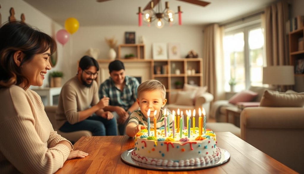 A warm, joyful birthday celebration taking place in a cozy home interior. In the foreground, a smiling child is blowing out the candles on a colorful birthday cake, surrounded by family members gathered around a wooden table. Soft, diffused lighting creates a gentle, intimate atmosphere, while the middle ground features subtle decorations like balloons, streamers, and gift boxes. The background showcases a cheerful, inviting living room setting with plush furniture, personal mementos, and a large window letting in natural light. The overall mood is one of togetherness, happiness, and the simple pleasures of a meaningful birthday celebration.