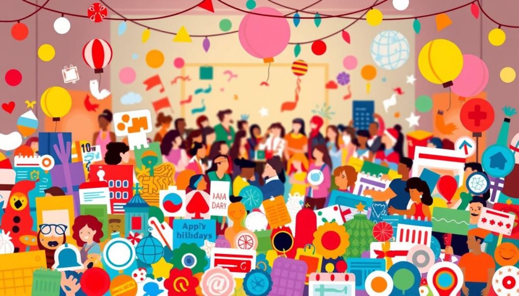 A whimsical, vibrant scene showcasing an assortment of observances and awareness days. In the foreground, a diverse array of colorful icons and symbols representing various calendar events, from national holidays to special commemorations. In the middle ground, stylized illustrations of people celebrating, gathered together in a lively, festive atmosphere. The background features a warm, softly-lit setting, with a sense of anticipation and revelry. The overall mood is celebratory, inclusive, and visually captivating, capturing the spirit of the "Whose day is it: observances, awareness days, and calendar highlights" section.