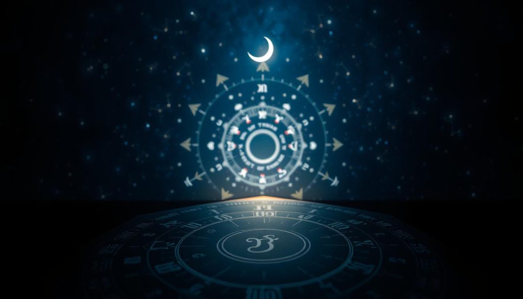 An astrological forecast for a birthday, displayed against a backdrop of the night sky. In the foreground, a detailed horoscope chart casts an ethereal glow, with zodiac symbols and numeric insights. The middle ground features a shimmering celestial arrangement, including stars, planets, and a crescent moon. The background is a deep, inky expanse, punctuated by twinkling constellations that create an air of mysticism and wonder. The lighting is soft and ambient, evoking a sense of introspection and personal revelation. The overall composition conveys a sense of destiny, personalized prediction, and the profound connection between one's birthday and the cosmos.