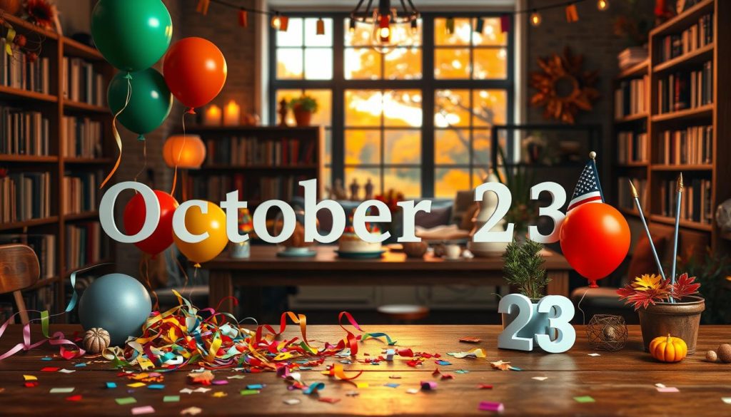 An autumn-inspired scene showcasing a variety of special day observances on October 23rd. In the foreground, a whimsical display of decorative elements like colorful balloons, streamers, and confetti scattered across a wooden table. In the middle ground, various symbolic objects representing different holidays and observances such as a birthday cake, a patriotic flag, and a small potted plant. The background depicts a cozy, dimly lit interior with warm lighting, shelves filled with books, and a large window revealing an autumnal landscape outside. The overall atmosphere is festive, celebratory, and evocative of the diverse observances on this particular date.