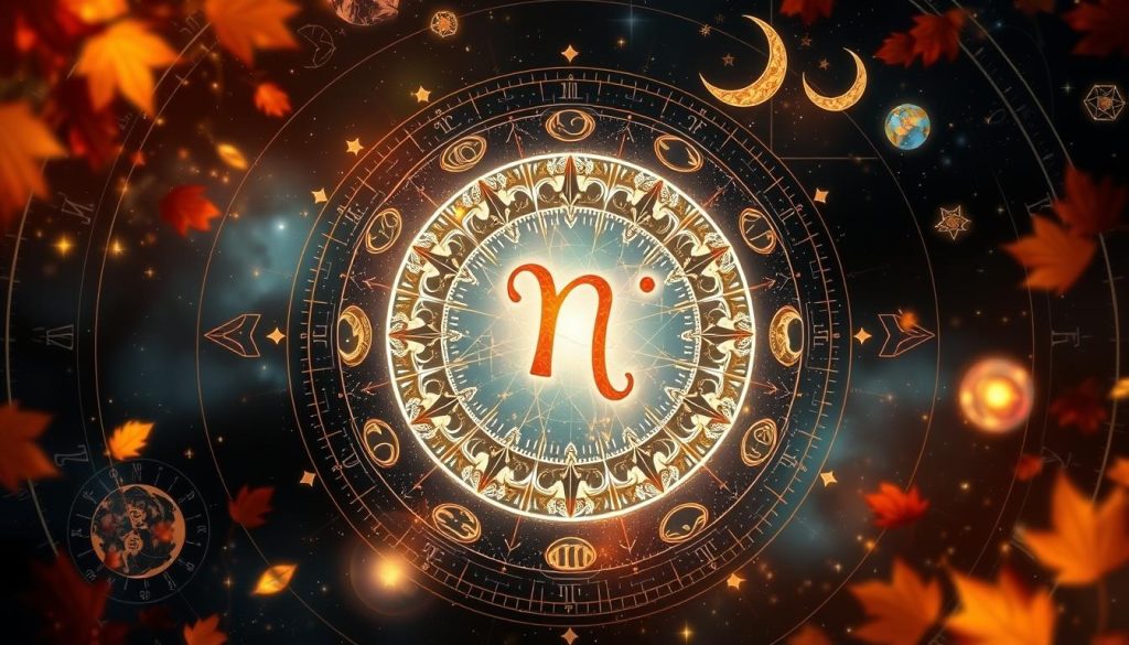 Detailed astrological birthday horoscope with cosmic symbolism. Centered zodiac sign illustration surrounded by celestial elements - glowing stars, crescent moon, planetary orbs, and flowing energy lines. Ethereal, mystical atmosphere with dramatic lighting and depth of field. Horoscope charts, gemstones, and other divination symbols framing the central composition. Warm, earthy color palette evoking the autumn season. Crisp, photorealistic rendering with a cinematic, illustrative quality.