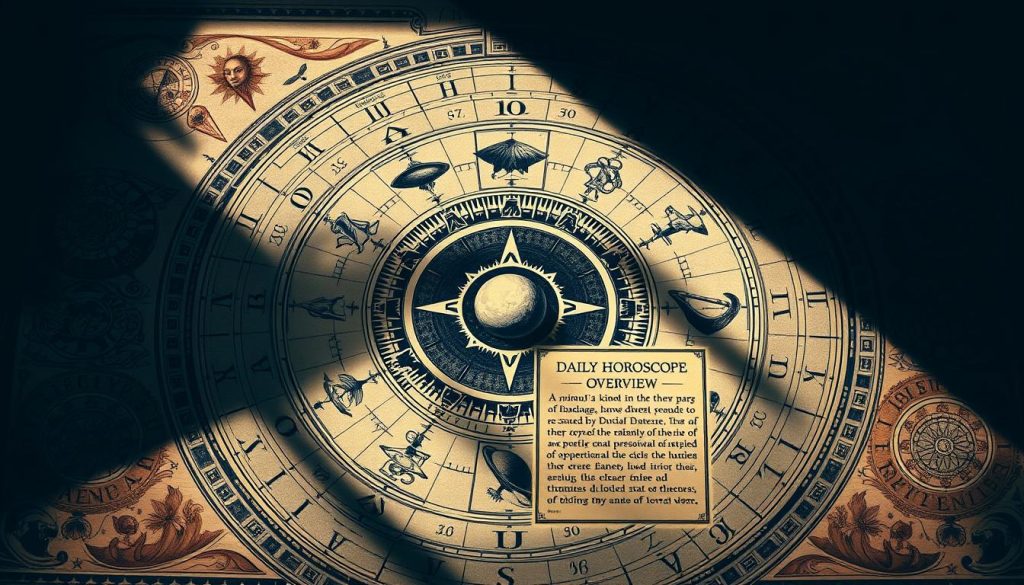 Detailed astrological chart with zodiac signs, planets, and celestial imagery. Dramatic lighting casts long shadows, creating an air of mystery and introspection. Elegant, vintage-inspired design elements like swirling patterns, ornate borders, and antique-style illustrations. Subtle, earthy color palette of deep blues, greens, and golds. Prominent placement of the daily horoscope overview, highlighting the mood, opportunities, and obligations for the day. Atmospheric and meditative, inviting the viewer to contemplate their personal destiny.