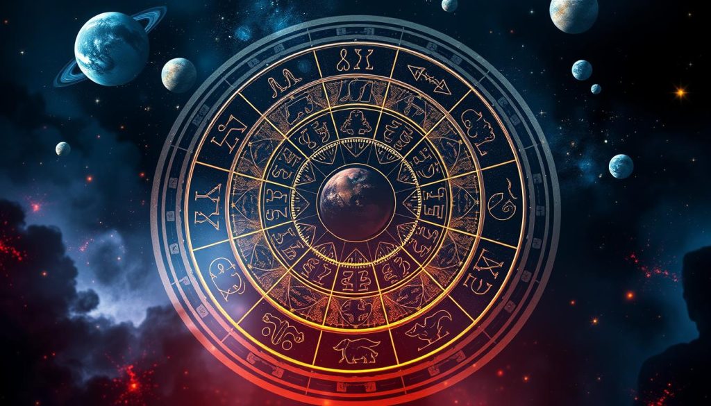 Detailed horoscope graphic with astrological signs, celestial bodies, and mystical elements. Foreground features zodiac wheel with 12 signs arranged in a circular pattern, each sign depicted with symbolic iconography. Midground showcases planets, moons, and stars in a night sky backdrop, creating an otherworldly, esoteric atmosphere. Background blends deep blues, purples, and golds for a rich, mystical ambiance. Dramatic, high-contrast lighting casts shadows and highlights the occult-inspired elements. Cinematic, wide-angle lens perspective to emphasize the grandeur and cosmic scale of the horoscope imagery. The overall composition conveys a sense of divination, intuition, and the mysteries of the universe.