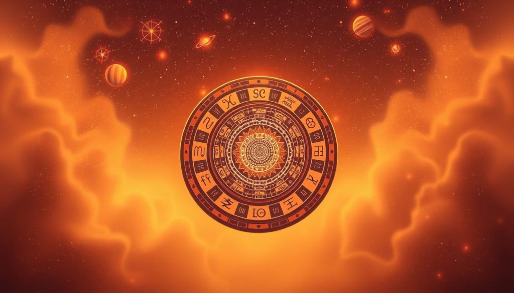 Highly detailed, meticulously rendered astrological overview sign set against a warm, celestial backdrop. A central zodiac wheel with intricate symbols and signs floats in midair, surrounded by glowing constellations and planetary orbs. Soft, diffuse lighting casts an ethereal glow, while a sense of depth and dimensionality is achieved through layered visual elements. The overall composition conveys a harmonious blend of mysticism and scientific precision, perfectly capturing the essence of a comprehensive astrological guide.
