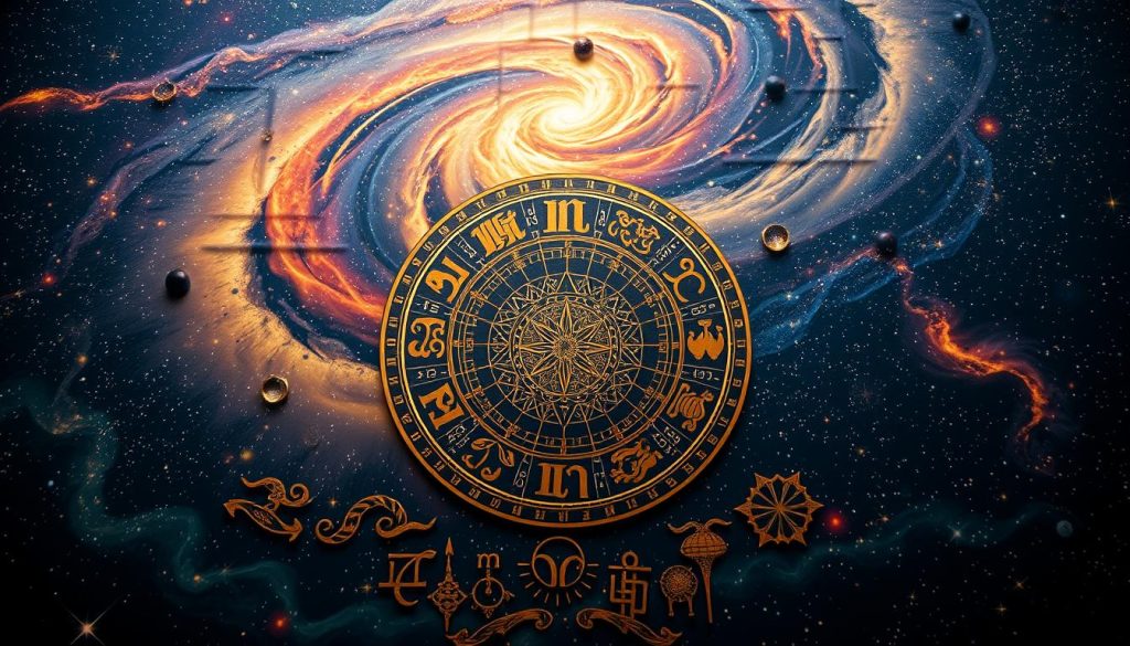 Horoscopes 24.10.2025: a celestial tapestry of cosmic symbols and astrological predictions. In the foreground, a central zodiac wheel with intricate astrological icons and signs, rendered in a vibrant, otherworldly palette. Surrounding it, a swirling cosmos of stars, nebulae, and distant galaxies, creating a sense of depth and mysticism. The middle ground features astrological glyphs and symbols, artfully arranged to evoke a sense of harmony and interconnectedness. Soft, diffused lighting imbues the scene with a sense of ethereal wonder, while a slightly wide-angle lens captures the grandeur of the celestial arrangement. The overall mood is one of contemplation, mystery, and the timeless allure of the stars.