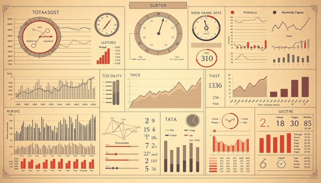 reading analysis chart forecasts report numerology, in the style of a detailed technical illustration, with a clean and organized layout, featuring a series of graphs, charts, and numerical data displays, set against a warm and muted color palette, with subtle lighting effects and a sense of depth, creating an informative and visually appealing presentation of the given data and analysis.